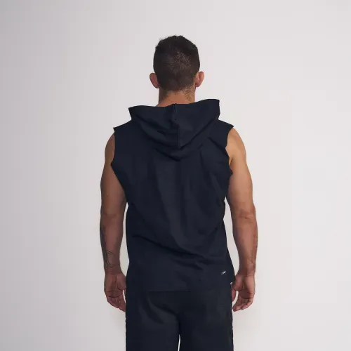 Polera Masculina Sin Mangas Con Capucha Y Estampado Central Negro