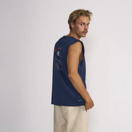 Polera Masculina Sin Mangas Color Solido Con Estampado En Frente Y Espalda Navy