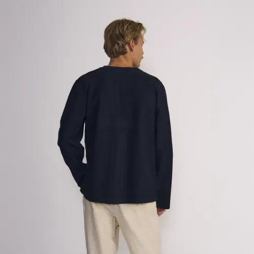 Polera Masculina Manga Larga Con Cuello Y Boton Color Solido Con Terry Frontal Negro